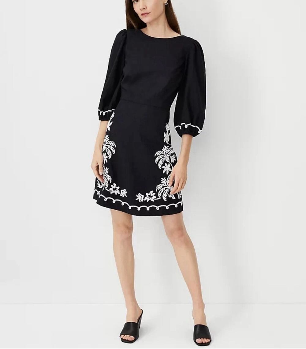 Ann Taylor Embroidered Palms Dress Women's 10 Petite Linen Blend Black White